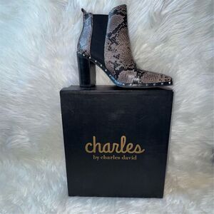 Charles by Charles David Women's Snake-Print Heeled Ankle Boot in Taupe